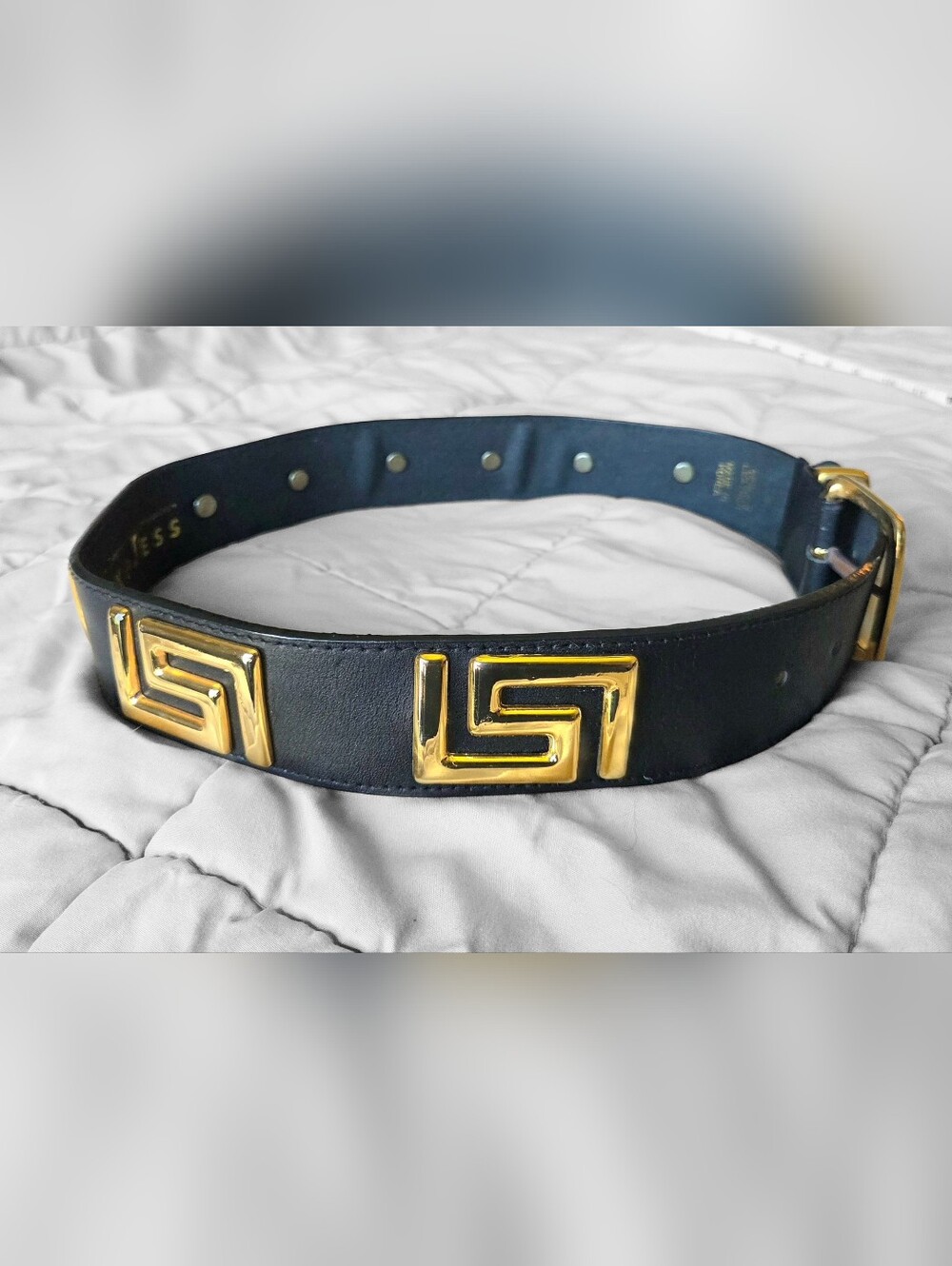 Vtg Y2K Express Compagnie Internationale Genuine Leather Greek Key Belt Black - Picture 8 of 16